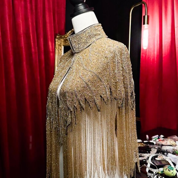 Gold Sequin  Fringe Cape, Rhinestone Shawl, Luxury Beaded Cape, Festival Outfit - Picture 6 of 11